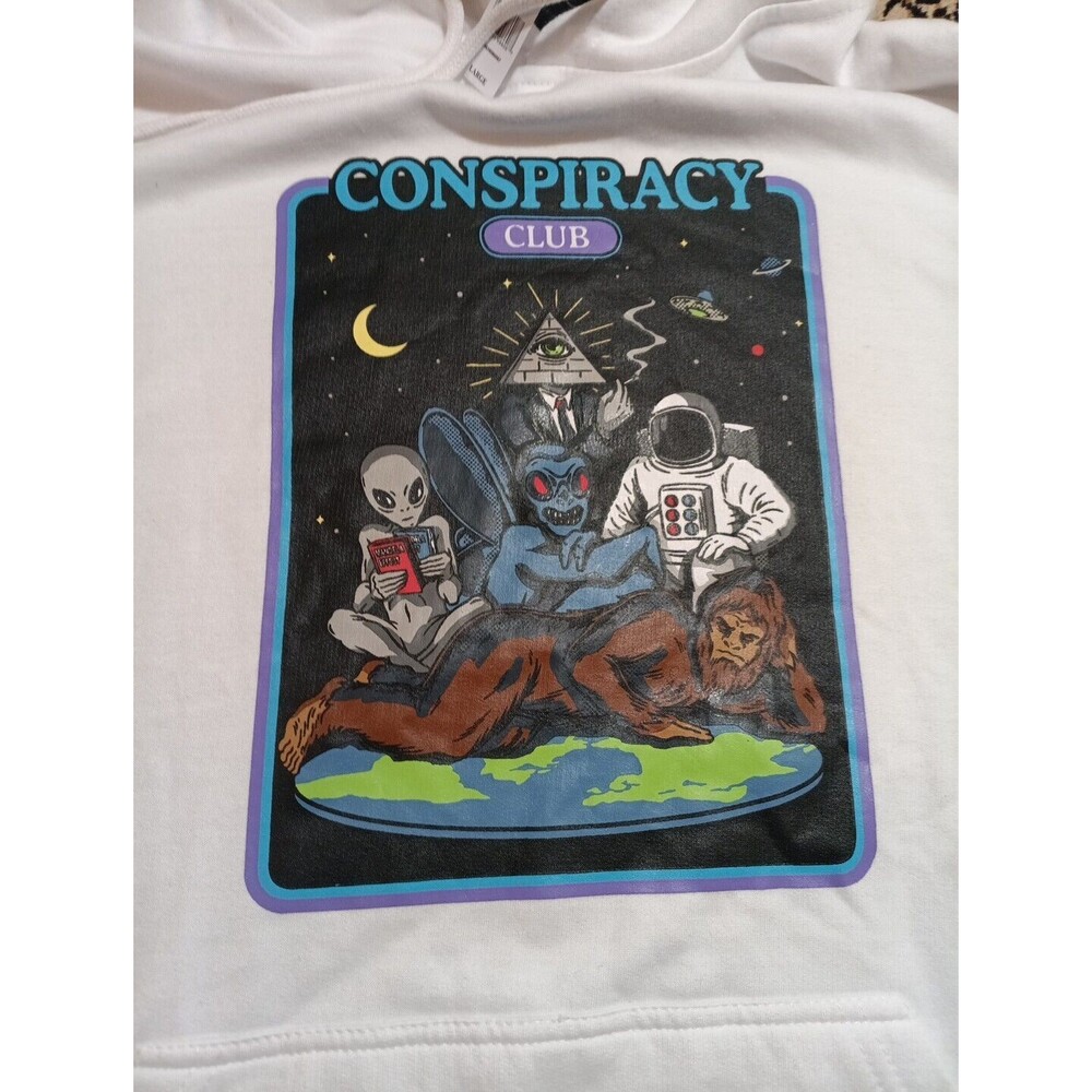 Peace Of Mind Conspiracy Club Hoodie Size Large NWT Bigfoot Aliens Flat Earth - Picture 3 of 4